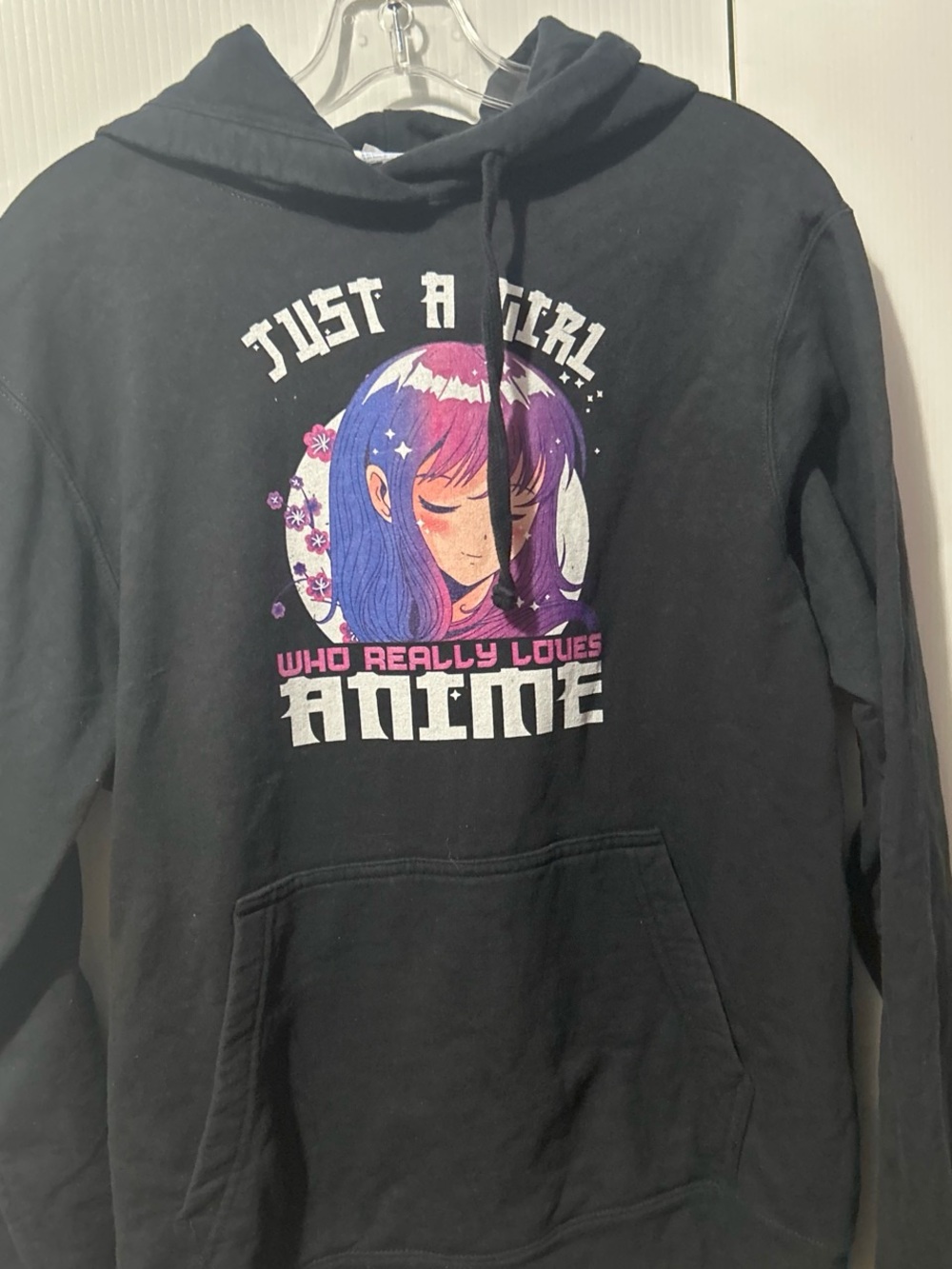 Port and Company Black Hoodie with Purple & Pink Anime Graphic